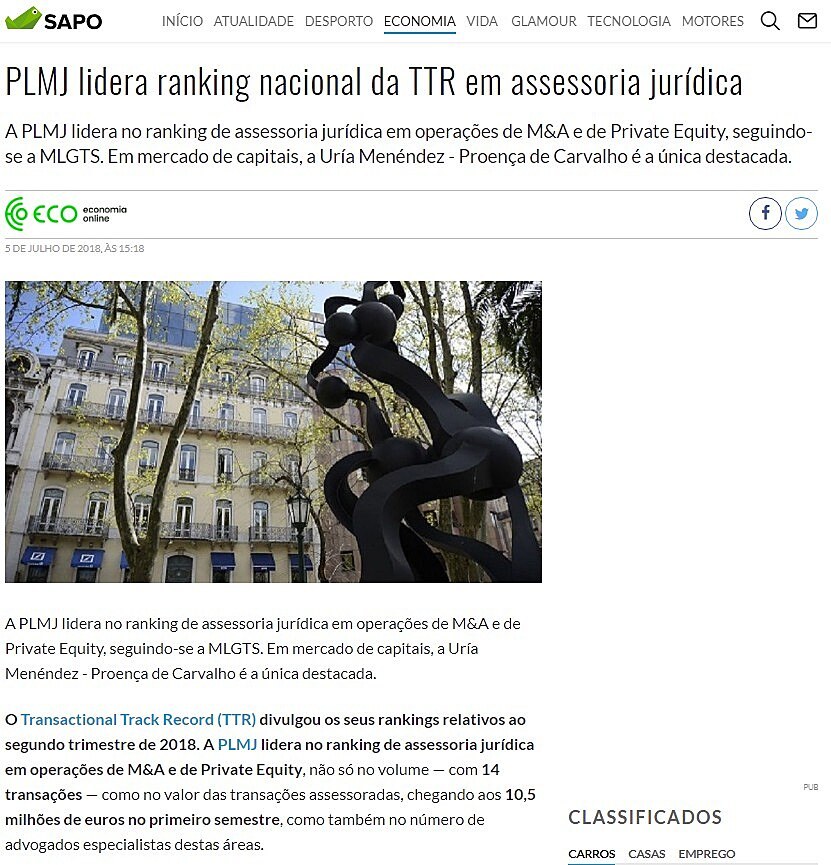 PLMJ lidera ranking nacional da TTR em assessoria jurdica